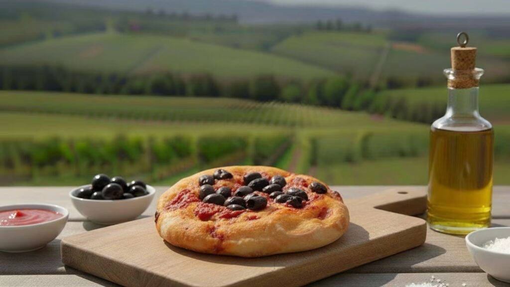 Focaccia tonda rossa con olive