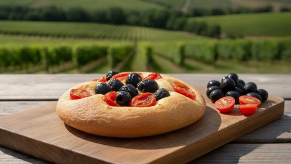 Focaccia tonda con pomodorini e olive
