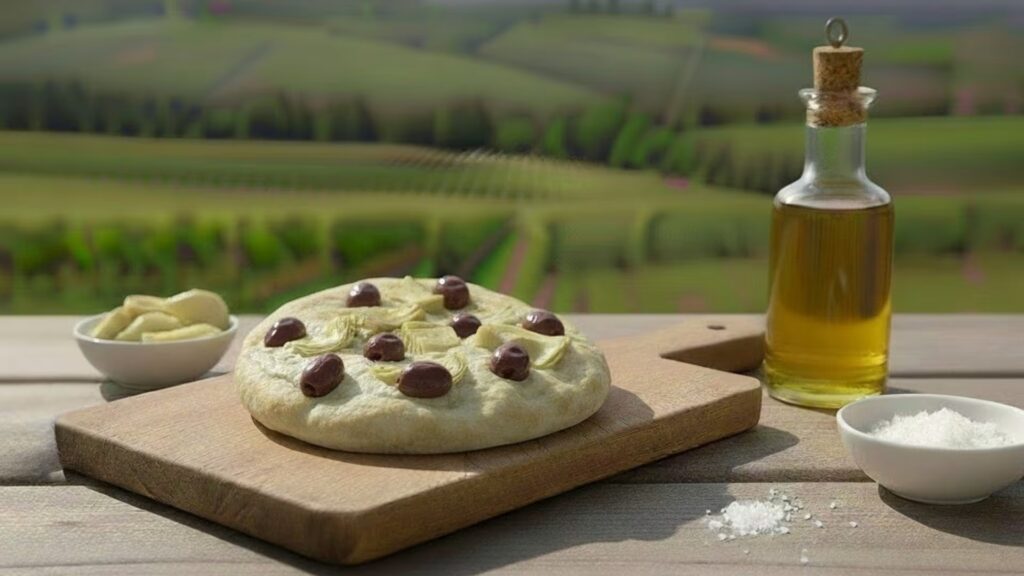 Focaccia tonda olive taggiasche e carciofini
